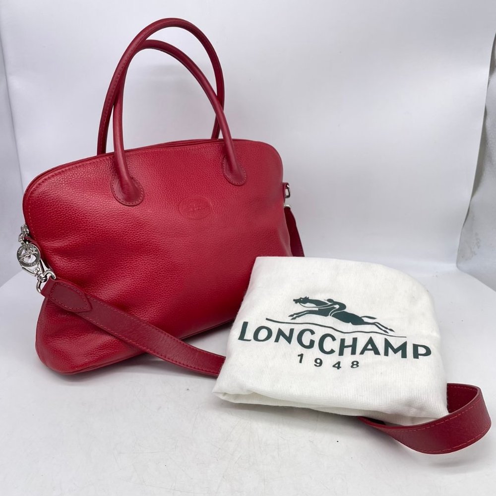 Vintage Longchamp Bolide Cherry Red Leather Medium Tote Crossbody Bag Authentic